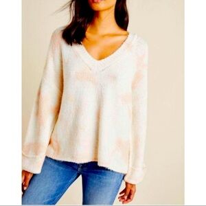 Anthropologie Pink/White Tie Dye Knit Sweater V Neck Top